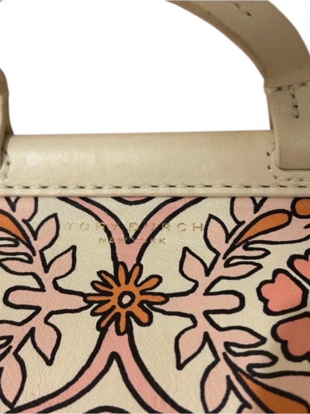 Tory Burch Cream Mini Top-Handle Bag with Pink & Gold Floral Print - Picture 5 of 11